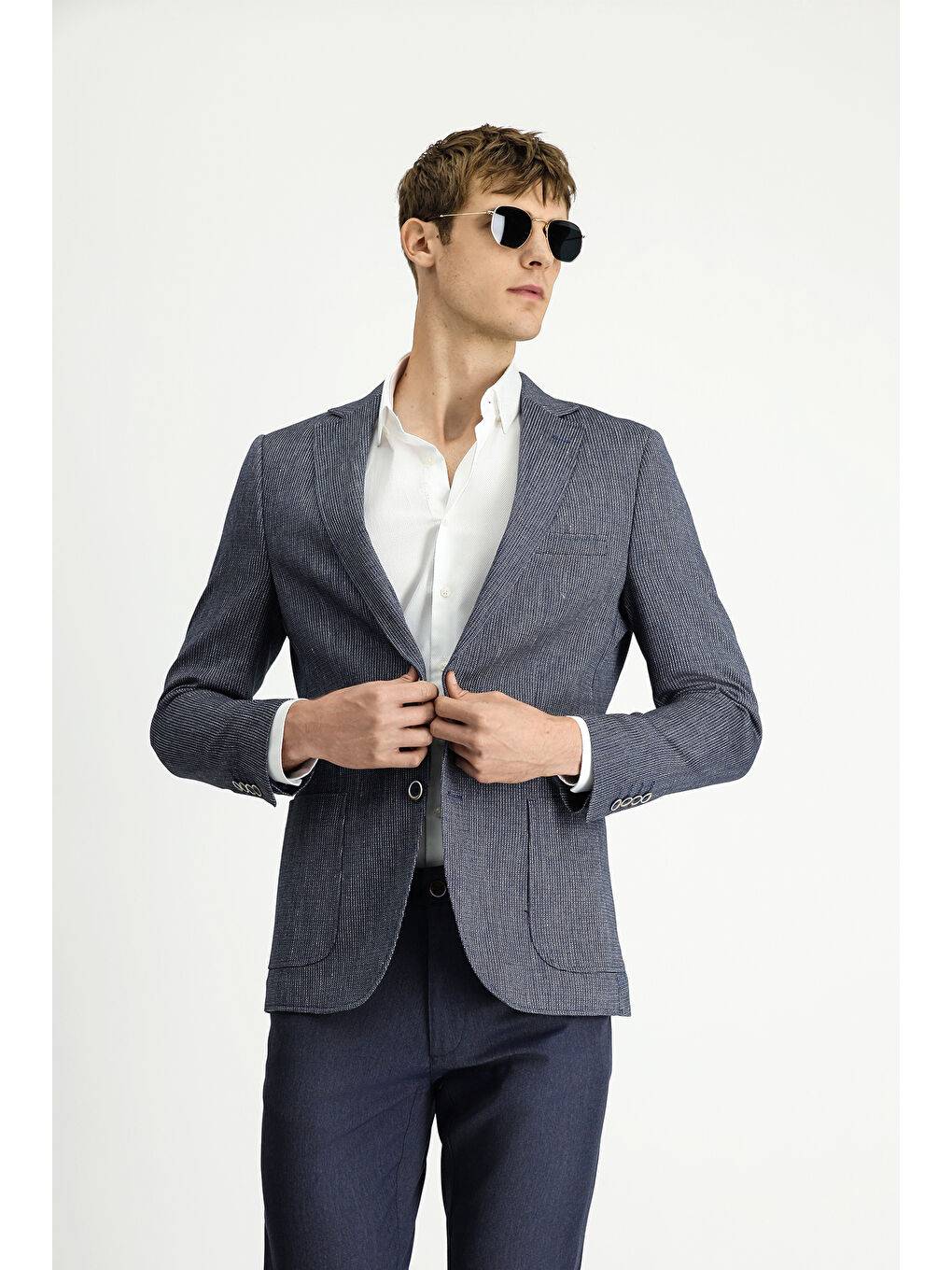 Lacivert Regular Fit Keten Karışımlı Çizgili Spor Ceket-2
