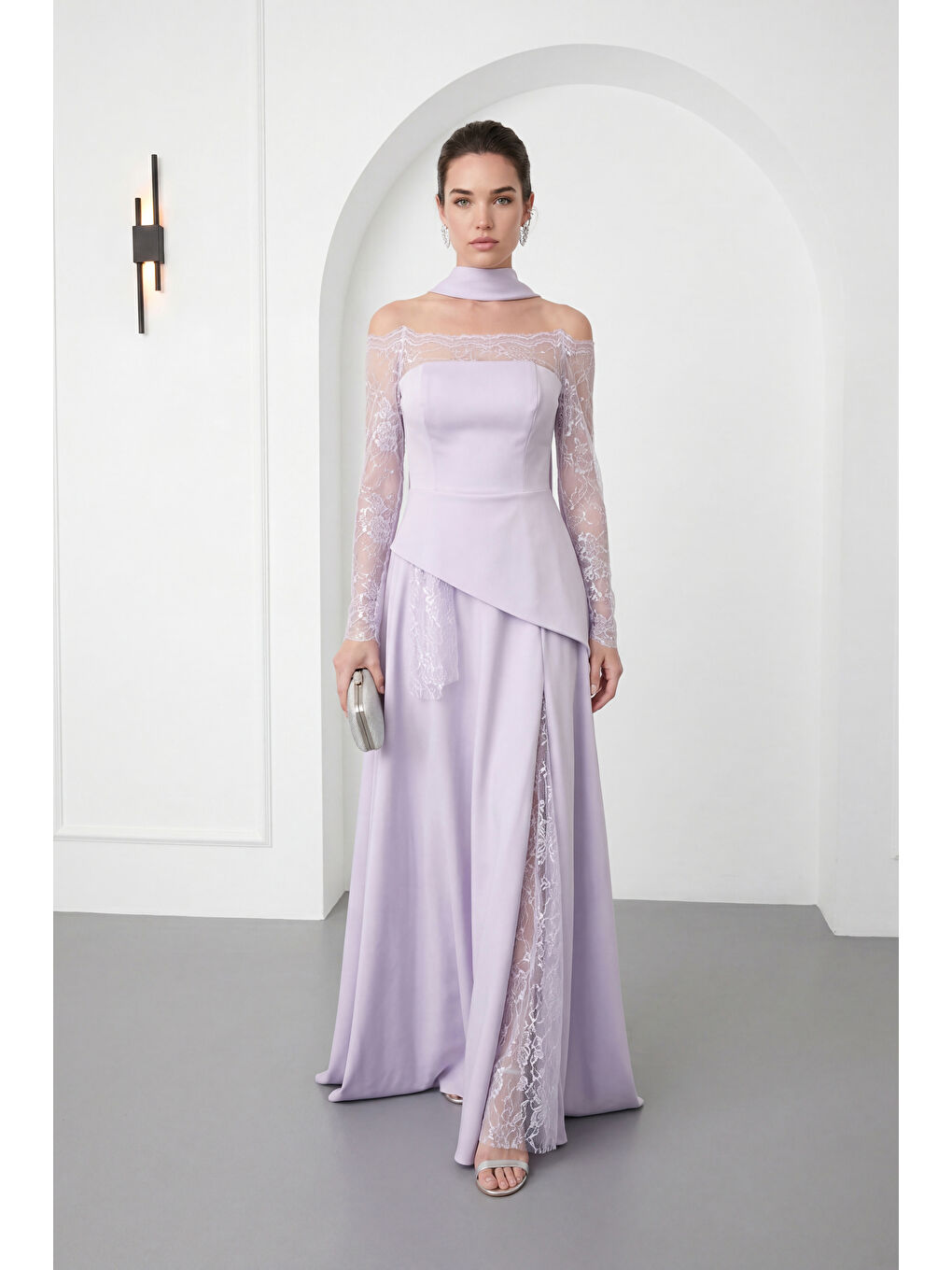 Kadın Lila Dar Kalıp Kayık Yaka Dantel Detay Uzun Abiye Elbise