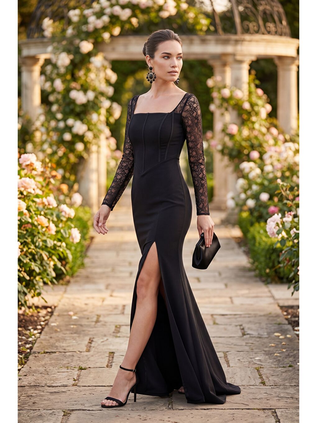 Kadın Siyah Kare Yaka Dantelli Uzun Balık Abiye Elbise-4