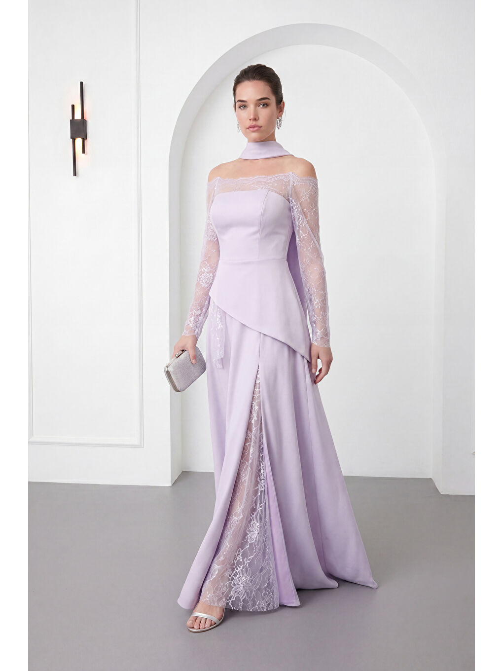 Kadın Lila Dar Kalıp Kayık Yaka Dantel Detay Uzun Abiye Elbise-1