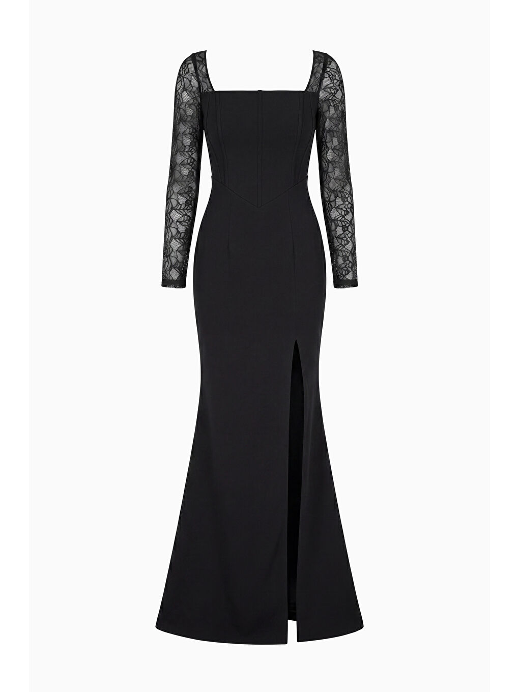 Kadın Siyah Kare Yaka Dantelli Uzun Balık Abiye Elbise-6