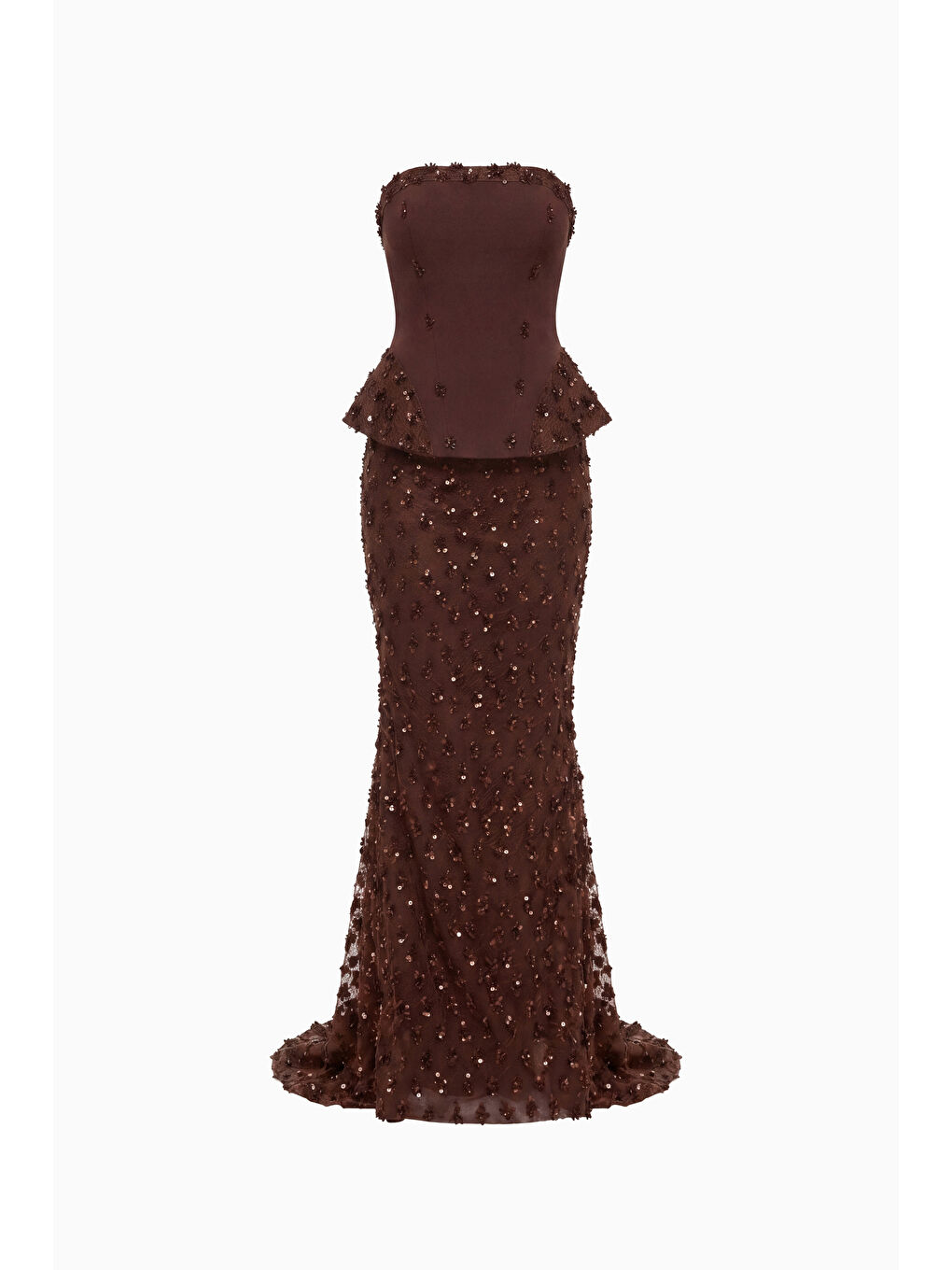 Kadın Kahverengi Dar Kalıp Straplez Yaka Payetli Uzun Abiye Elbise-5