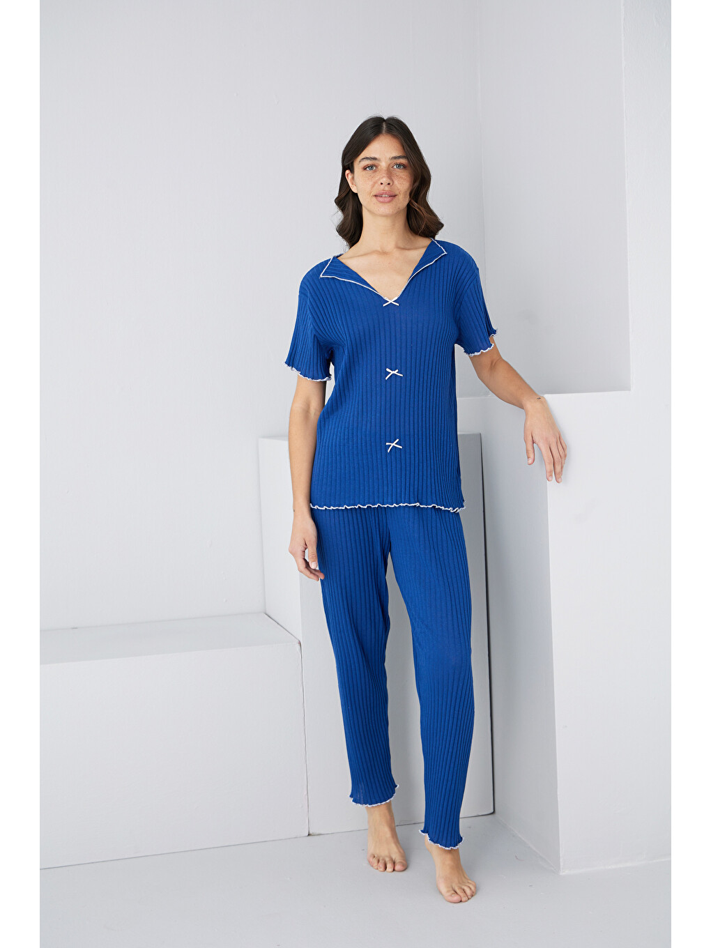 Mavi Saks Mevsimlik İnce Fiyonklu Pijama Takım7879-1