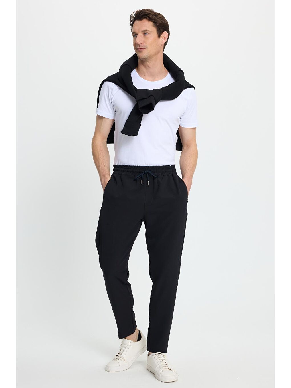 Erkek Regular Fit Beli Lastikli Bağcıklı Jogger Siyah Pantolon Rahat Kesim Yan Cepli-1