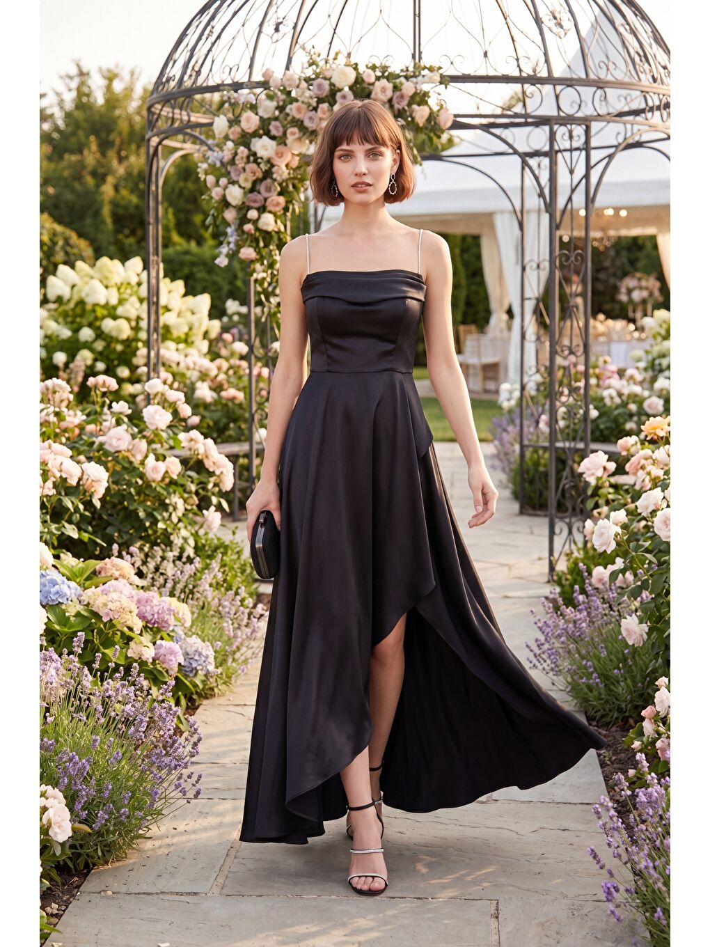 Kadın Siyah Taş Askılı Yaka Detay Uzun Saten Mezuniyet & Abiye Elbise-4