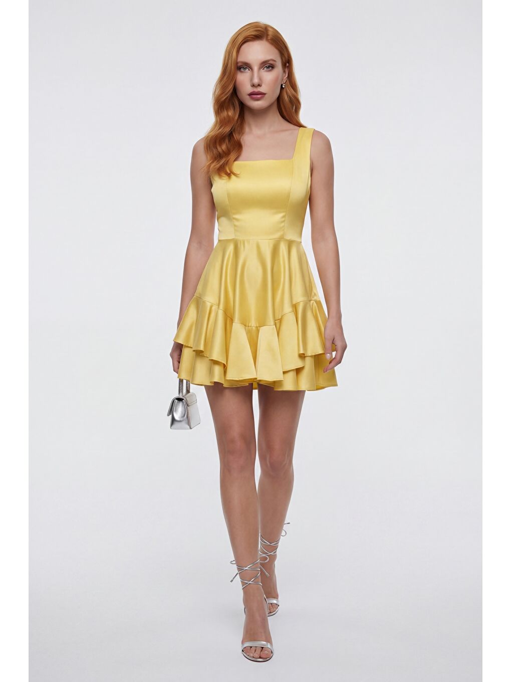 Kadın Sarı Kare Yaka Fırfırlı Mini Saten Mezuniyet Abiye Elbise-1