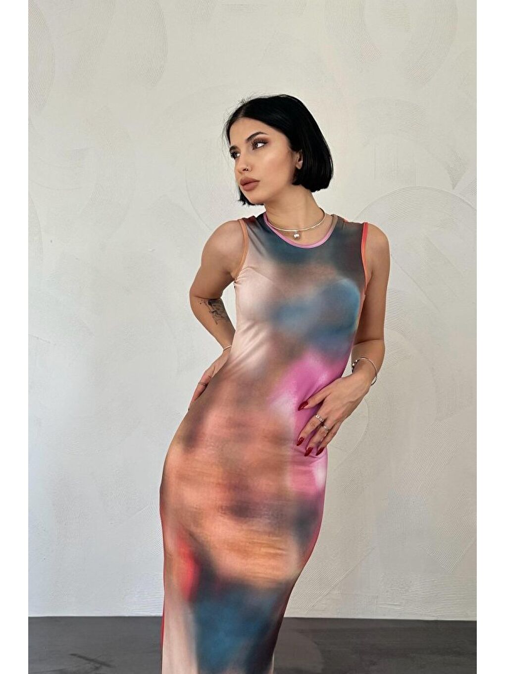 Bej Batik Desenli Elbise-1