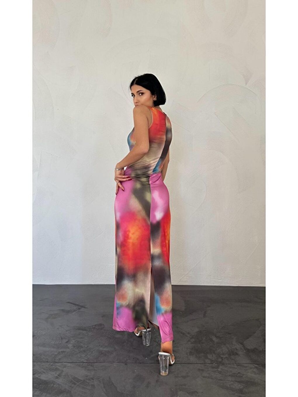 Bej Batik Desenli Elbise-2