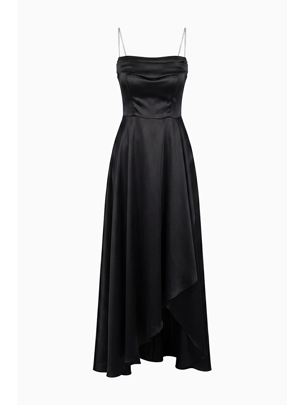 Kadın Siyah Taş Askılı Yaka Detay Uzun Saten Mezuniyet & Abiye Elbise-6