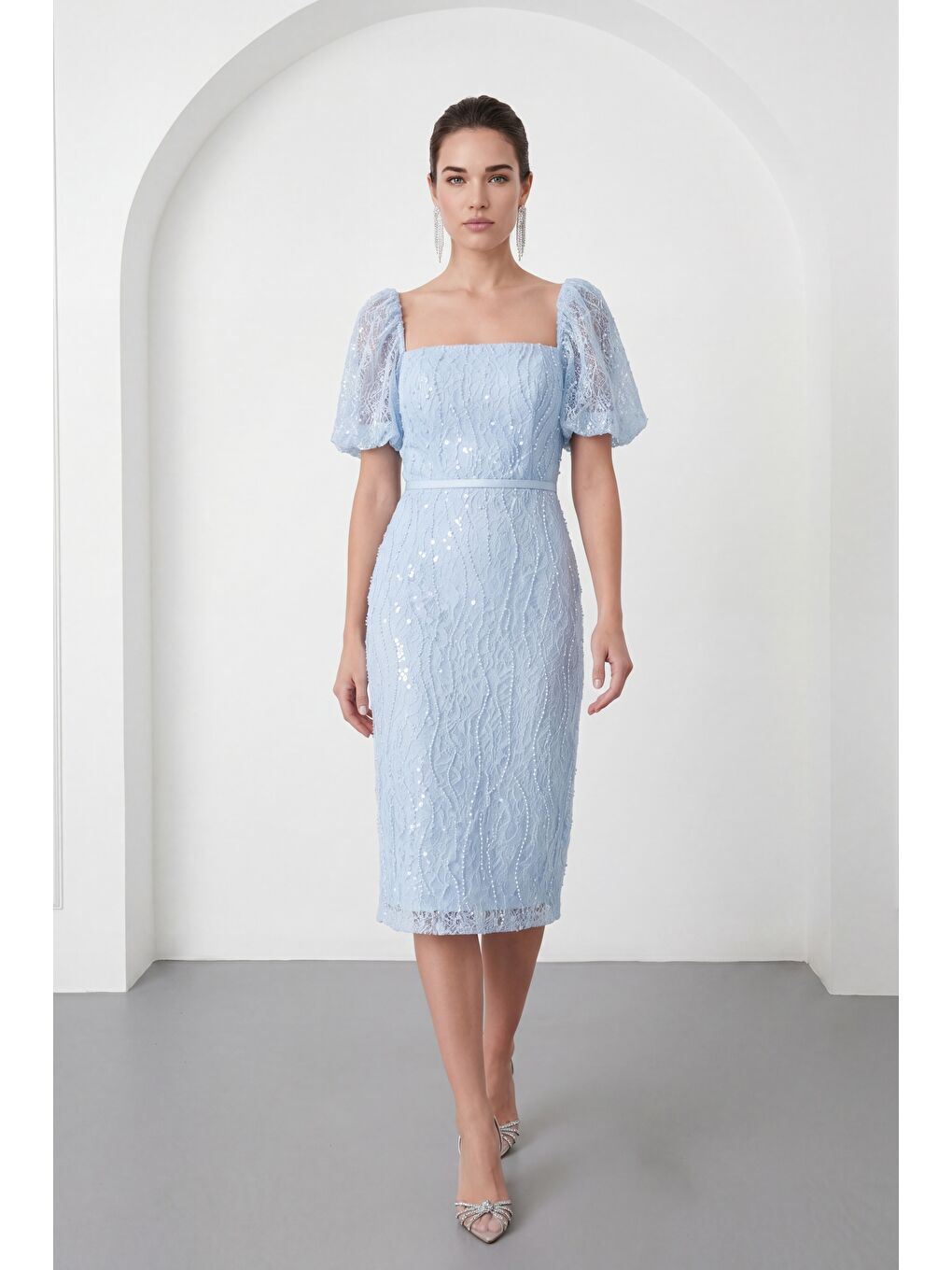 Kadın Bebe Mavi Kare Yaka Balon Kol Midi Söz Nişan Nikah Abiye Elbise-1