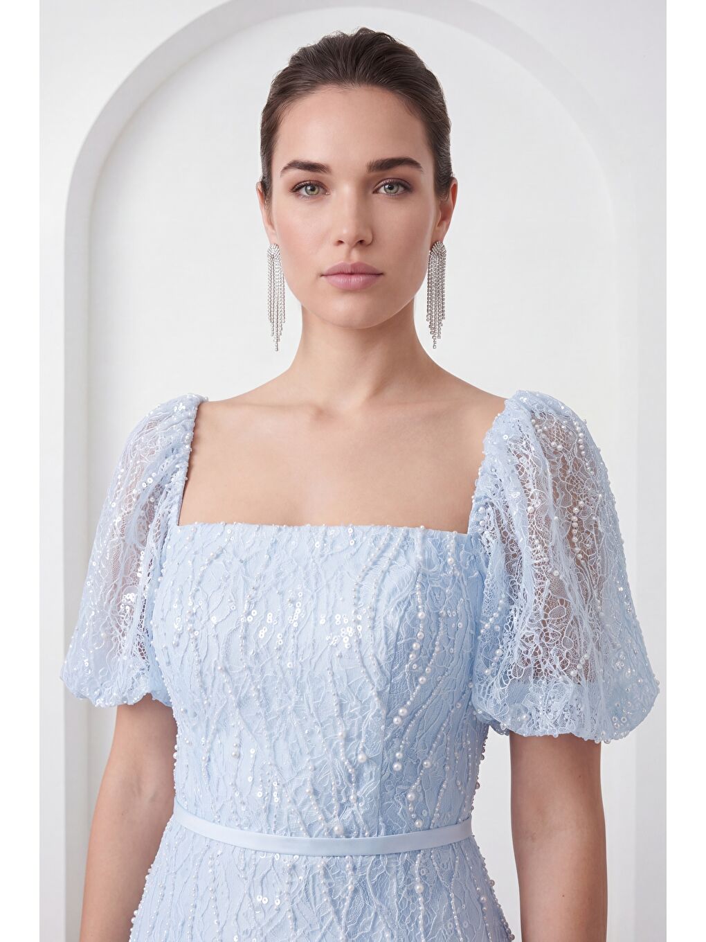 Kadın Bebe Mavi Kare Yaka Balon Kol Midi Söz Nişan Nikah Abiye Elbise-2