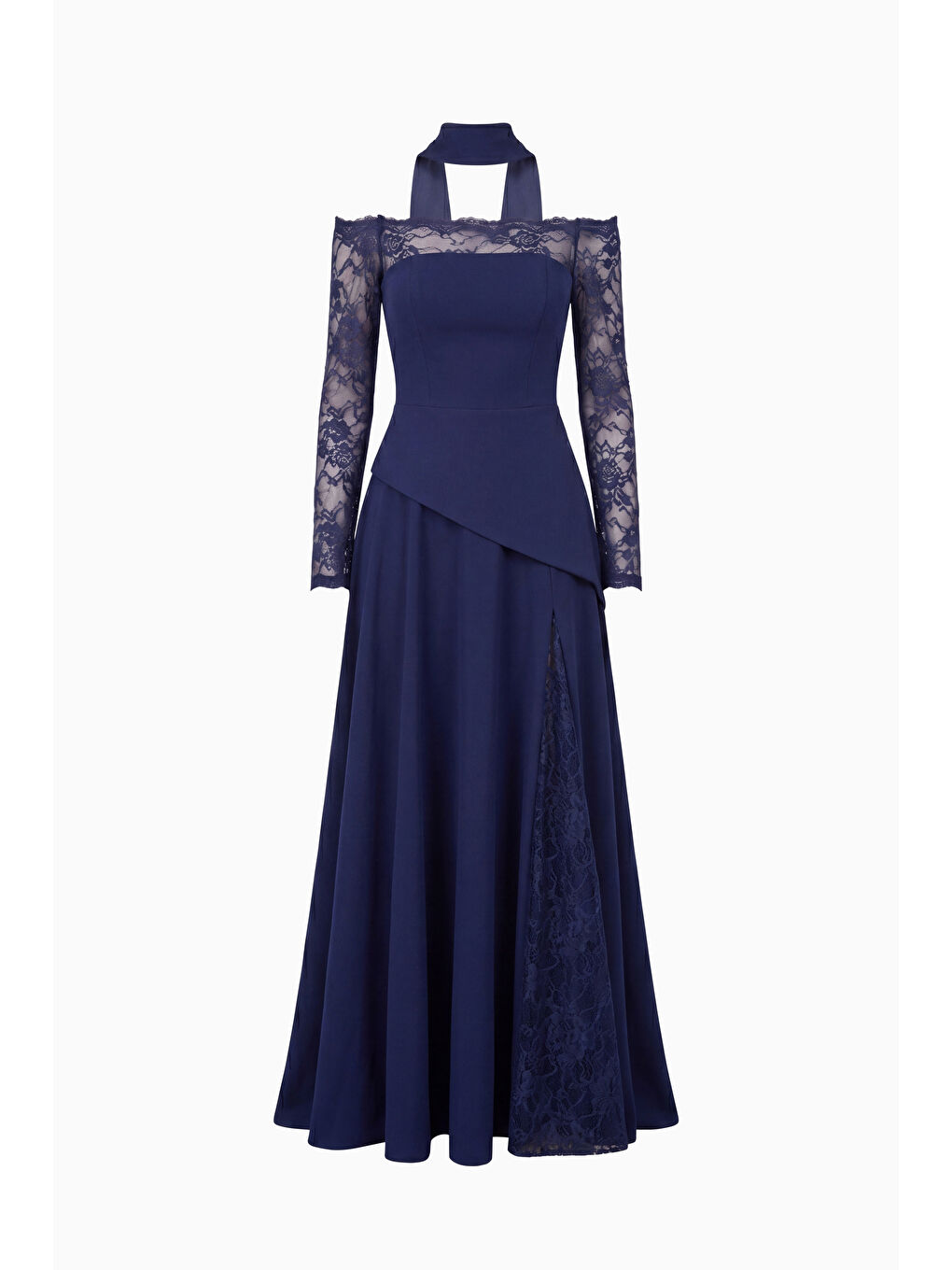 Kadın Lacivert Dar Kalıp Kayık Yaka Dantel Detay Uzun Abiye Elbise-5