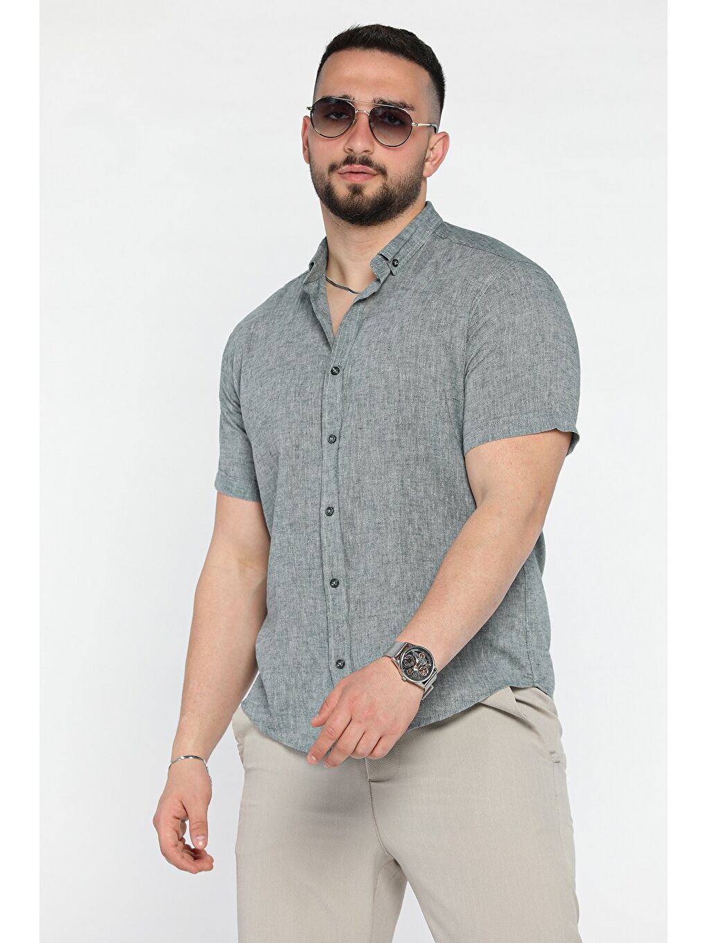 Yeşil Erkek Kısa Kol Keten Gömlek-1