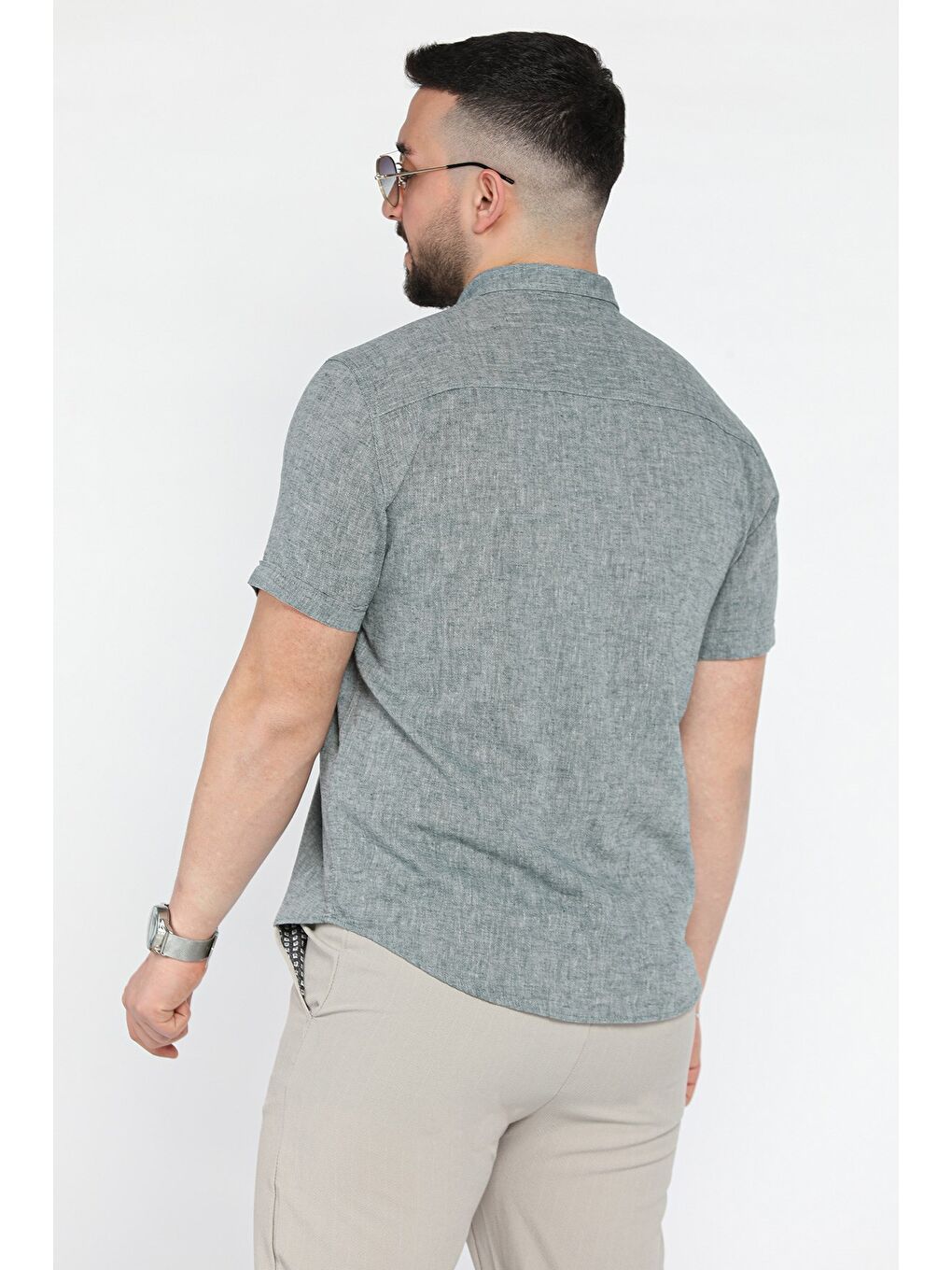 Yeşil Erkek Kısa Kol Keten Gömlek-2