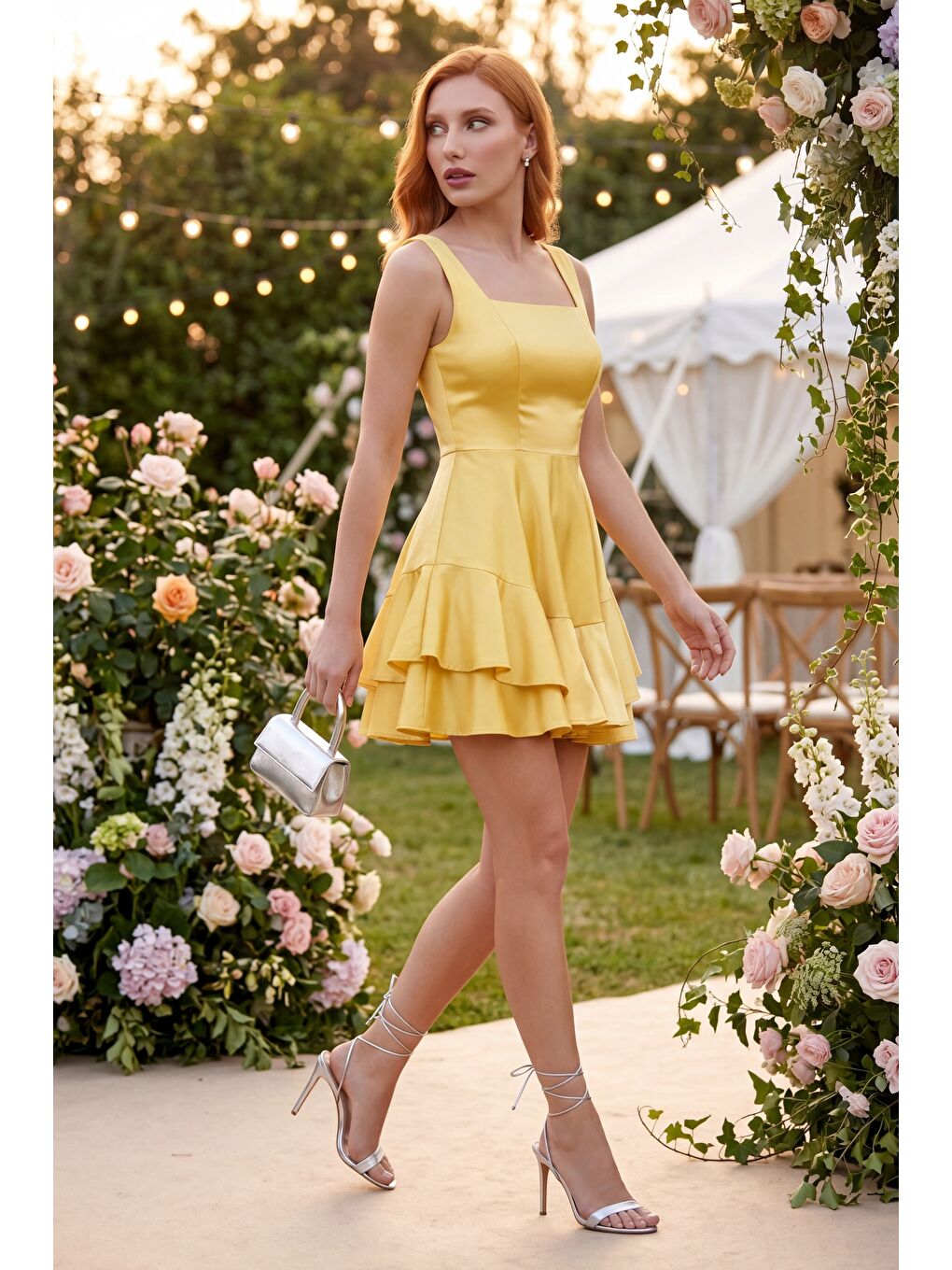 Kadın Sarı Kare Yaka Fırfırlı Mini Saten Mezuniyet Abiye Elbise-4