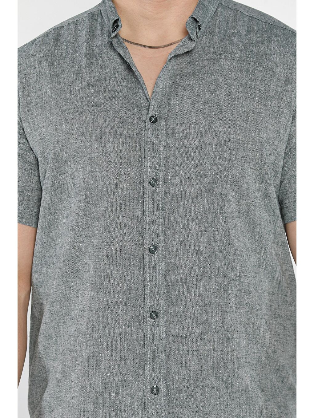 Yeşil Erkek Kısa Kol Keten Gömlek-3