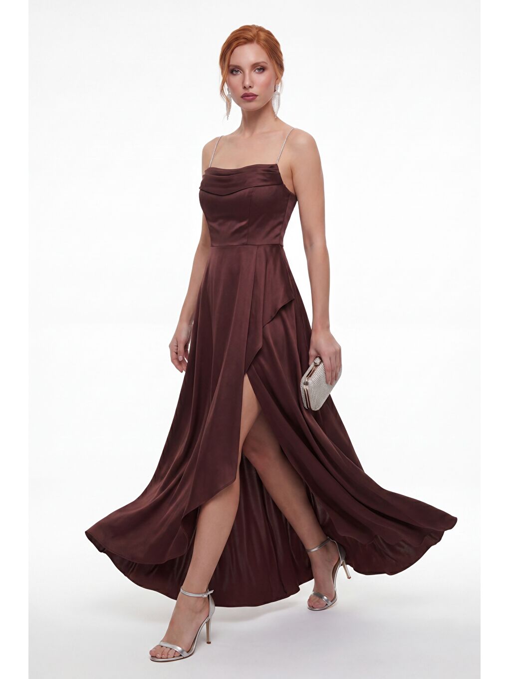 Kadın Kahverengi Taş Askılı Yaka Detay Uzun Saten Mezuniyet & Abiye Elbise-0