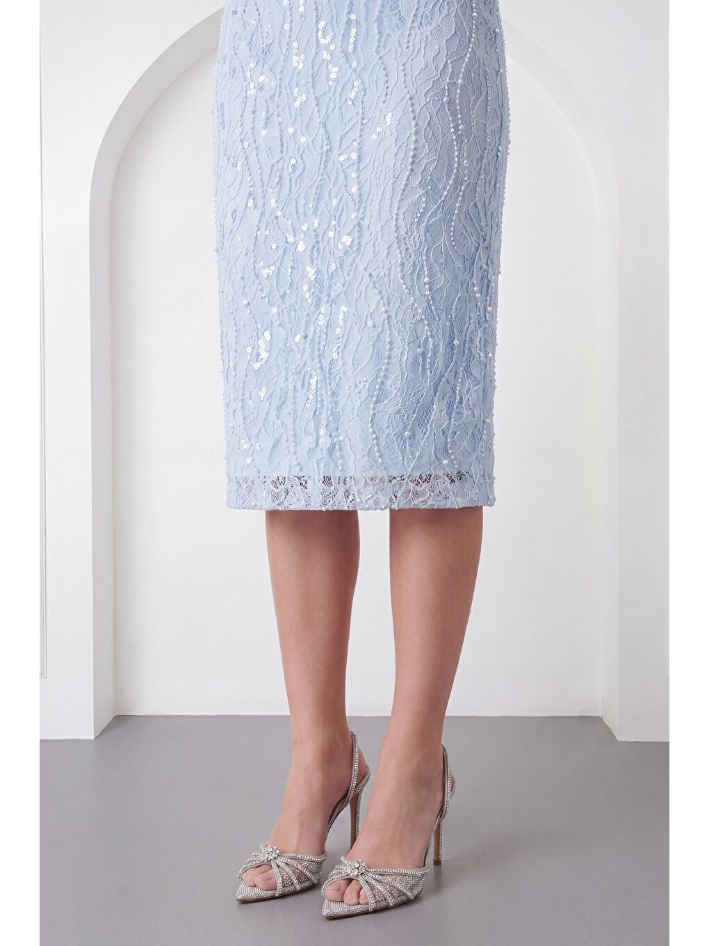 Kadın Bebe Mavi Kare Yaka Balon Kol Midi Söz Nişan Nikah Abiye Elbise-3