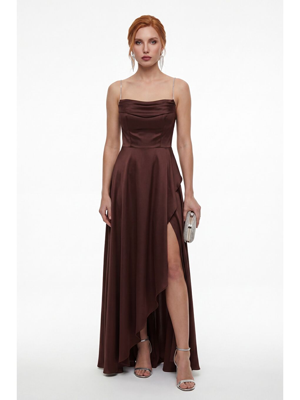 Kadın Kahverengi Taş Askılı Yaka Detay Uzun Saten Mezuniyet & Abiye Elbise-1