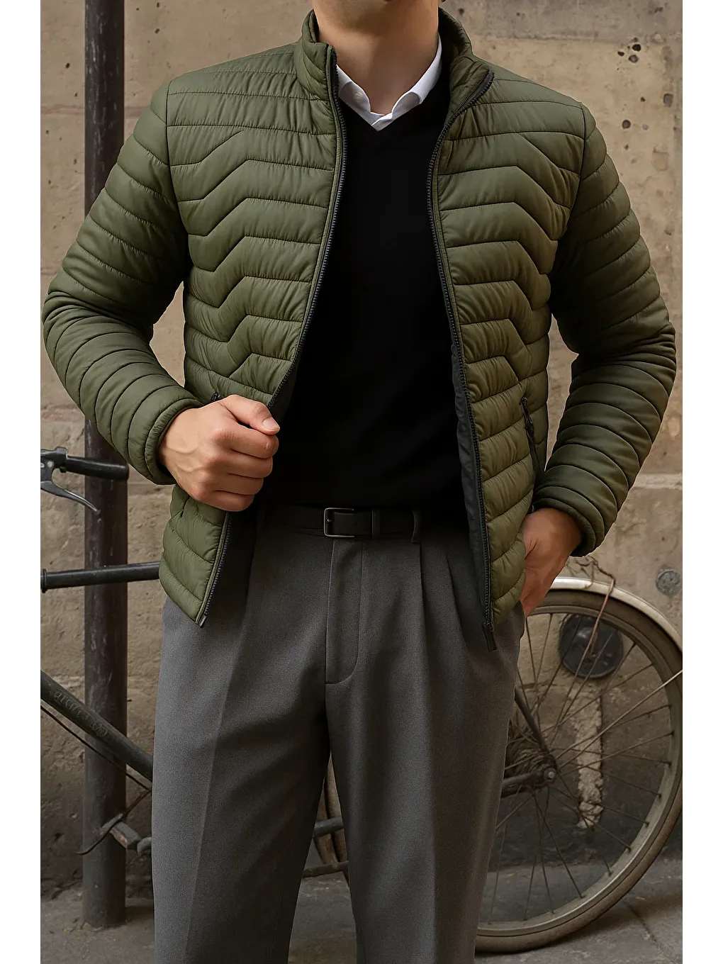Erkek Günlük Fermuarlı Kışlık Haki Şişme Mont-1
