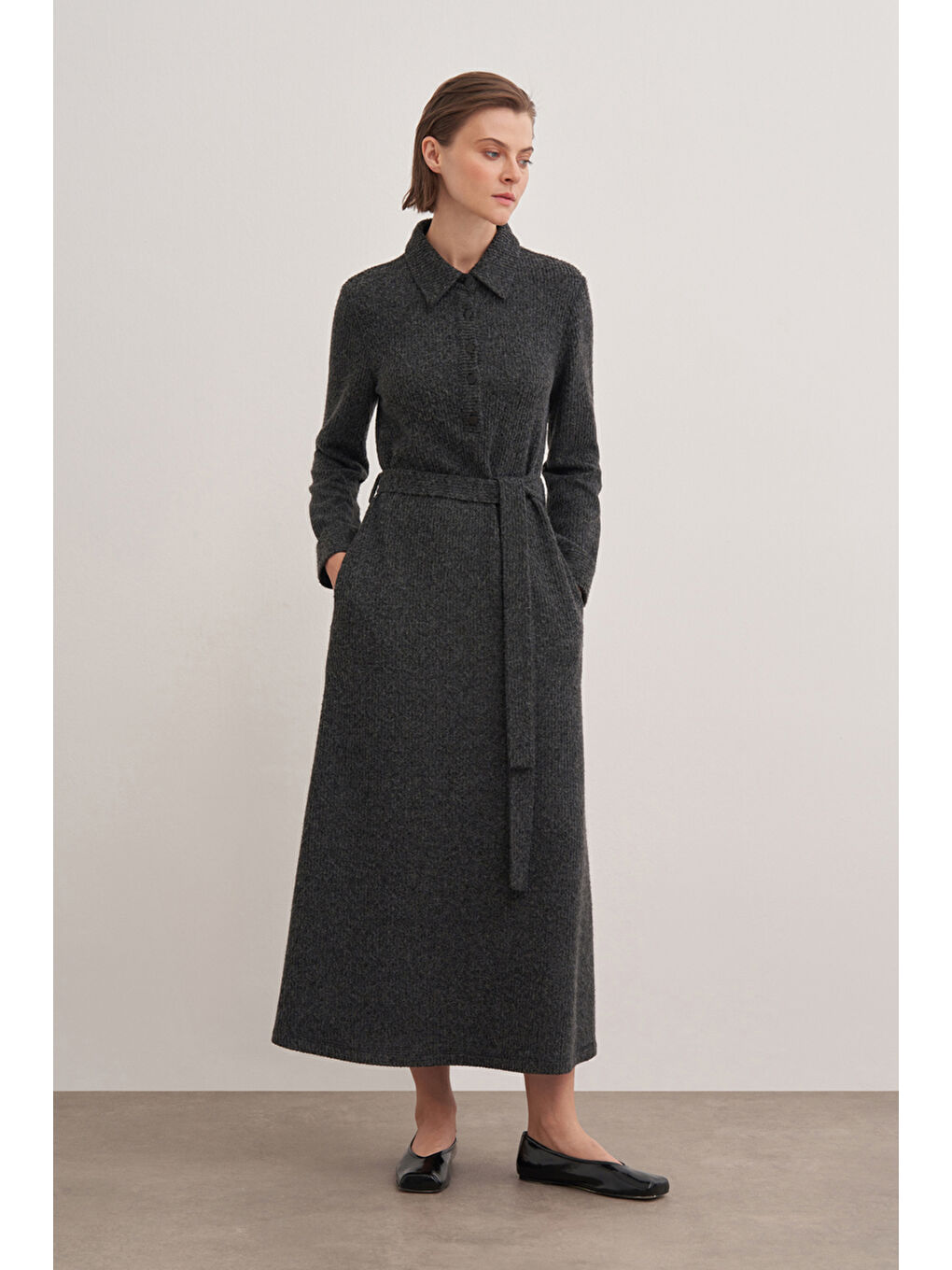 Antrasit Triko Belden Kuşaklı Elbise-1