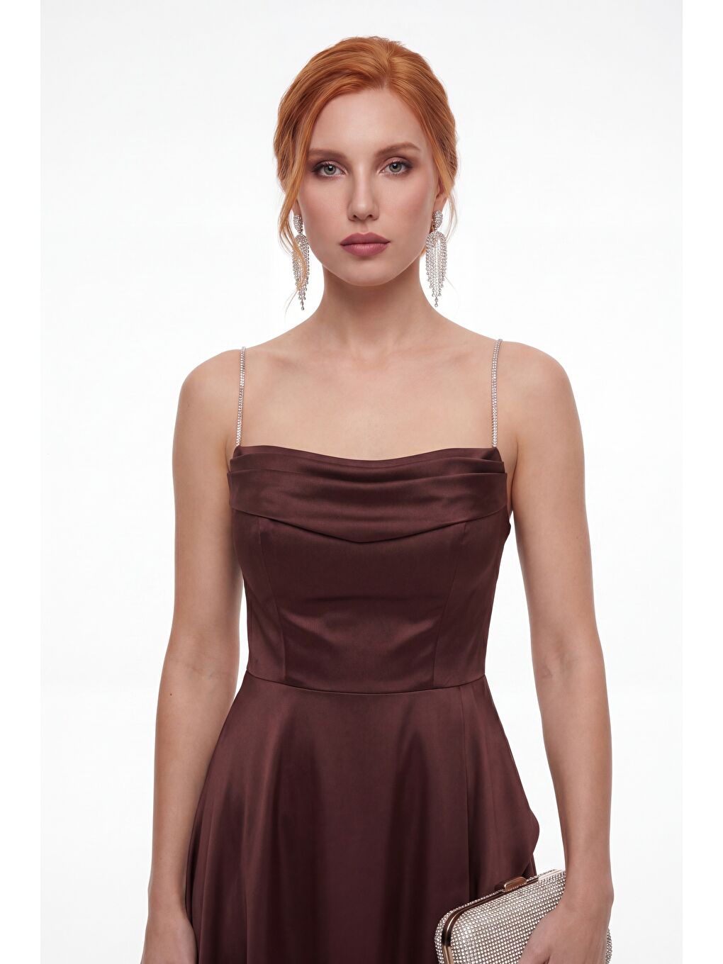 Kadın Kahverengi Taş Askılı Yaka Detay Uzun Saten Mezuniyet & Abiye Elbise-2