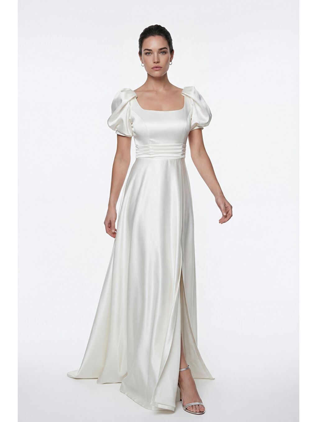 Kadın Ekru Kare Yaka Balon Kol Yırtmaçlı Söz Nişan Nikah Abiye Elbise