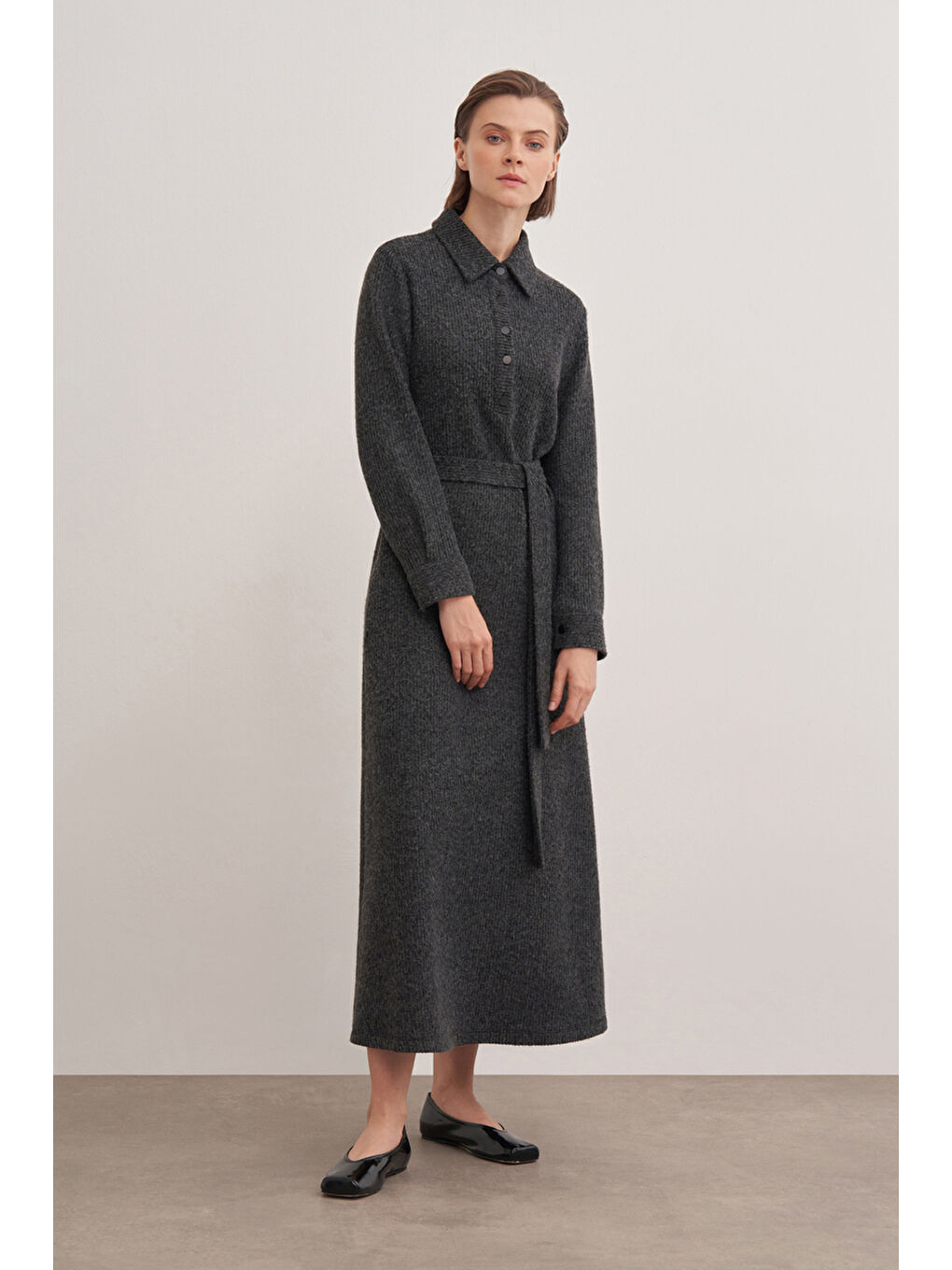 Antrasit Triko Belden Kuşaklı Elbise-2