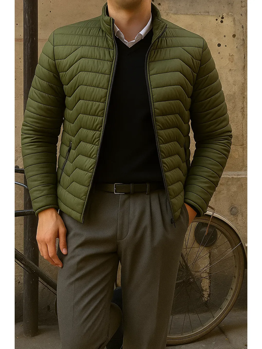 Erkek Günlük Fermuarlı Kışlık Haki Şişme Mont-3