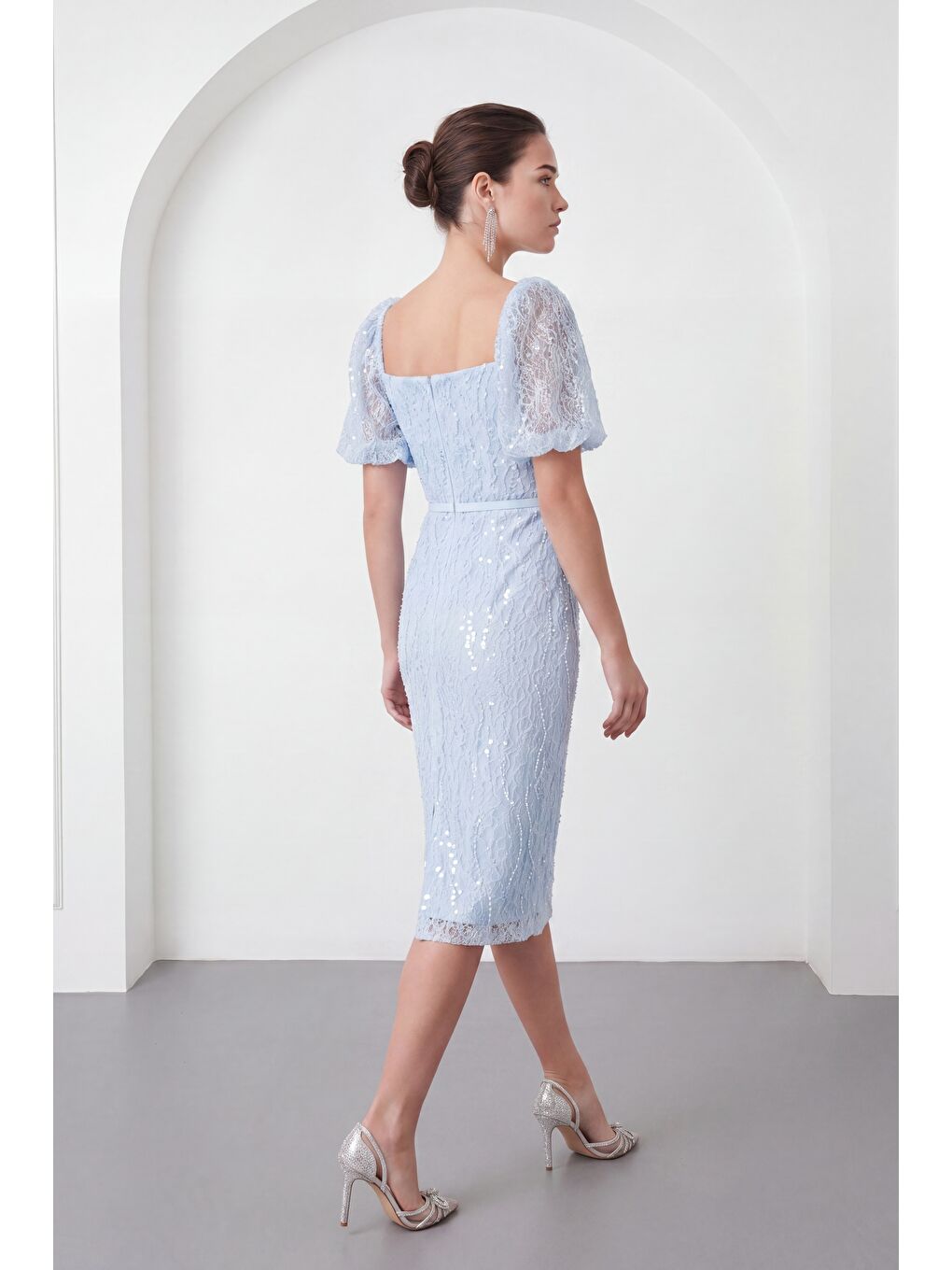 Kadın Bebe Mavi Kare Yaka Balon Kol Midi Söz Nişan Nikah Abiye Elbise-5