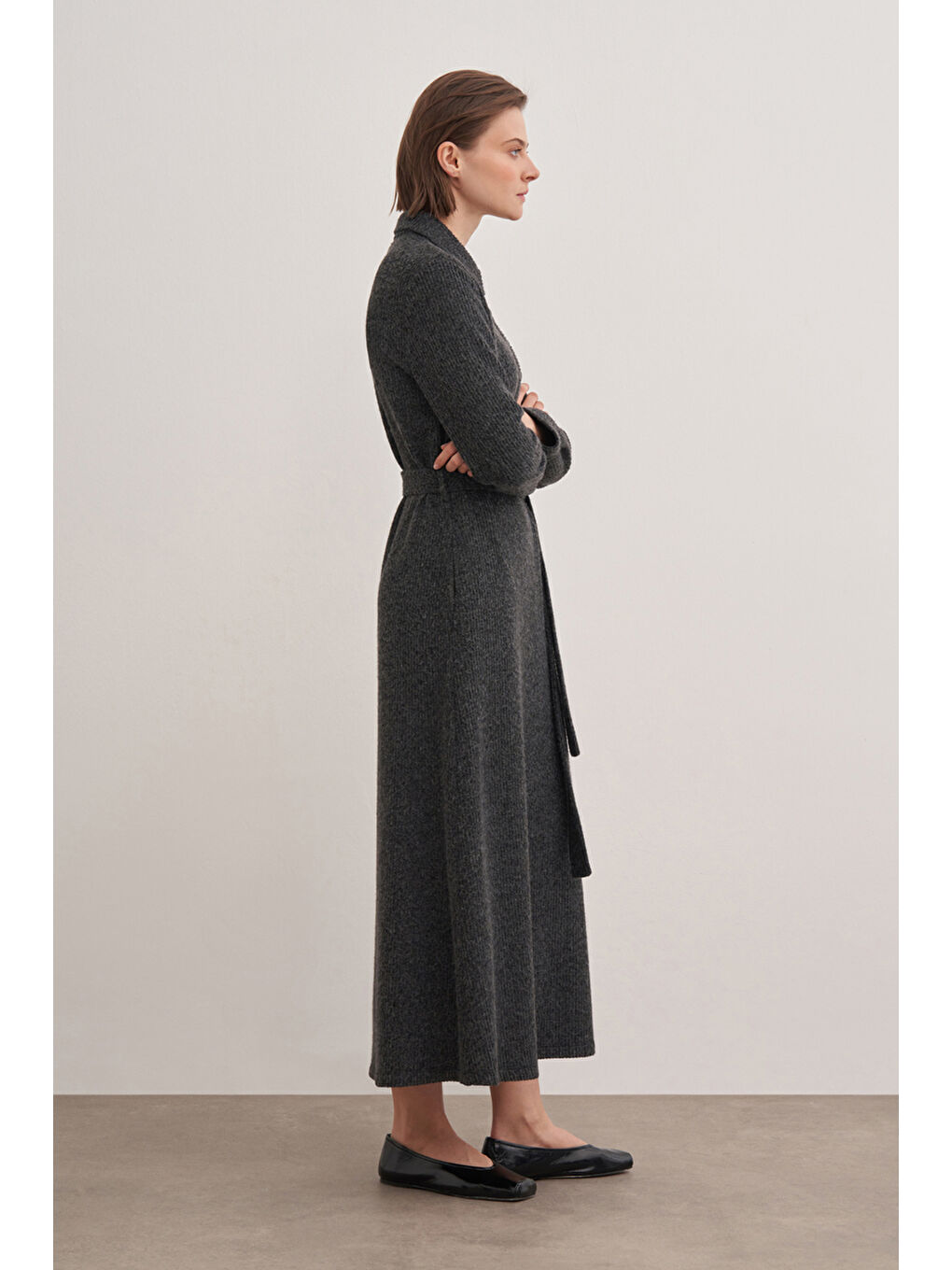 Antrasit Triko Belden Kuşaklı Elbise-3