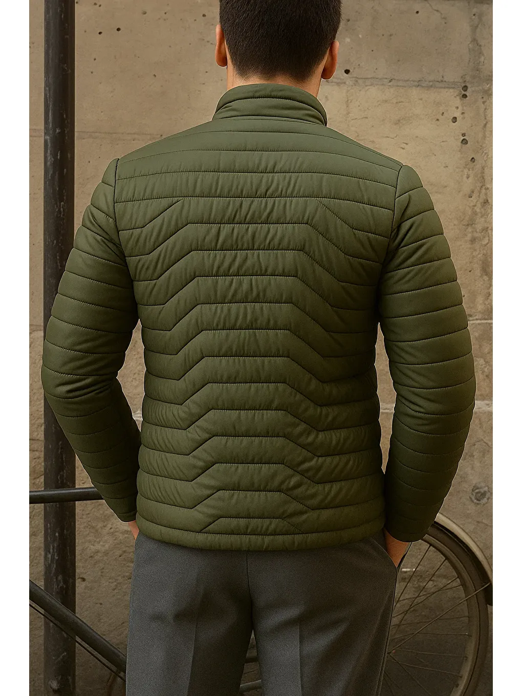 Erkek Günlük Fermuarlı Kışlık Haki Şişme Mont-4