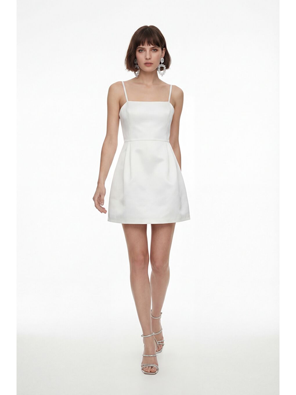 Kadın Ekru İnce Askılı Mini Saten Mezuniyet Abiye Elbise
