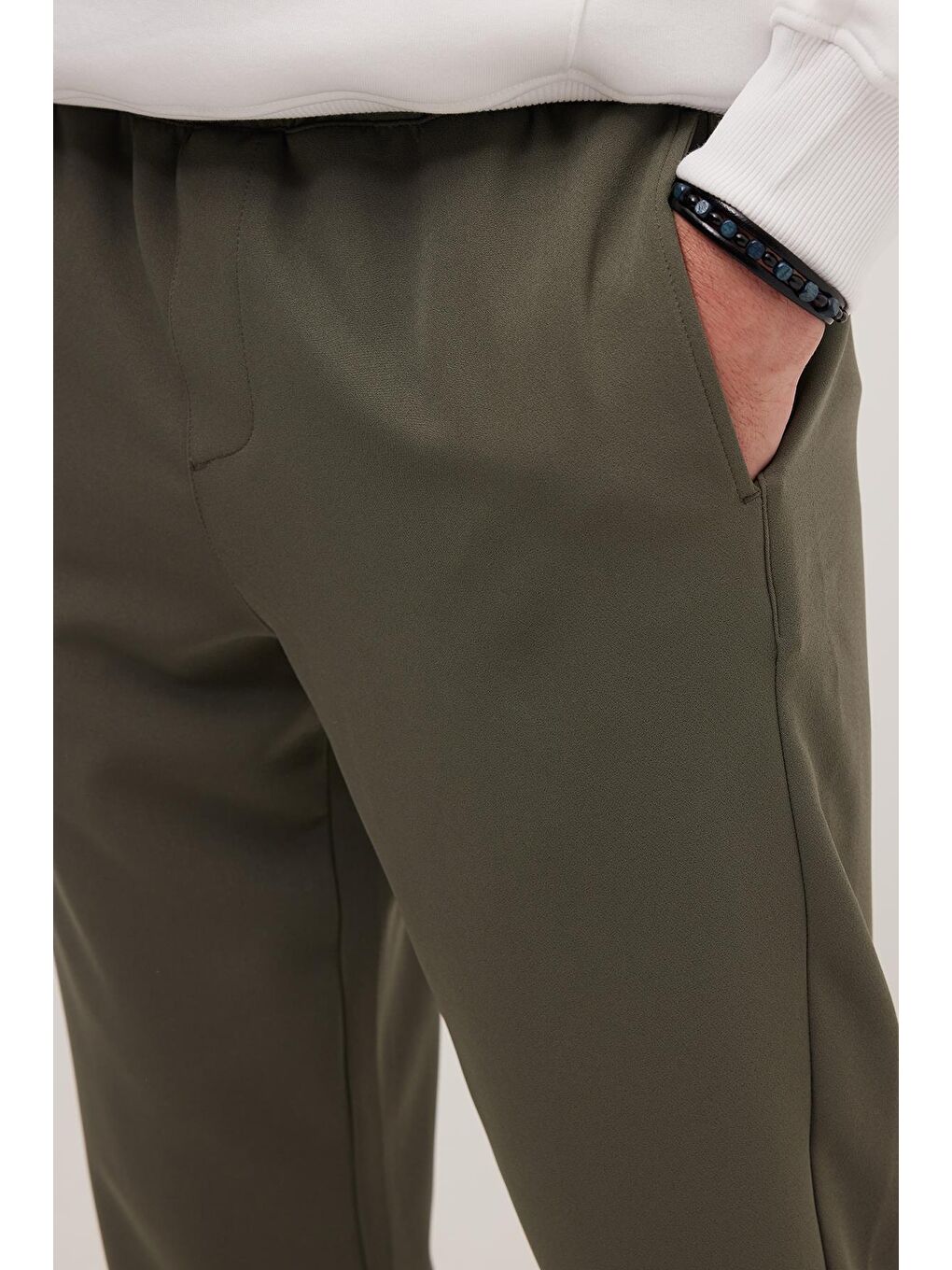 Erkek Regular Fit Beli Lastikli Bağcıklı Jogger Haki Pantolon Rahat Kesim Yan Cepli-2
