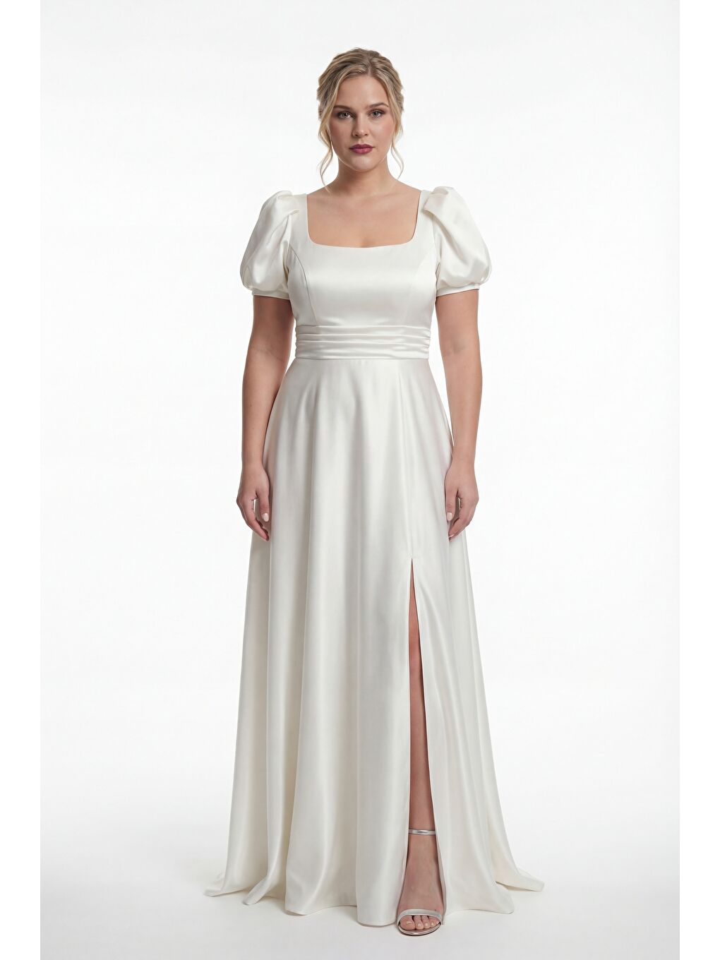 Kadın Ekru Kare Yaka Balon Kol Yırtmaçlı Söz Nişan Nikah Abiye Elbise-1