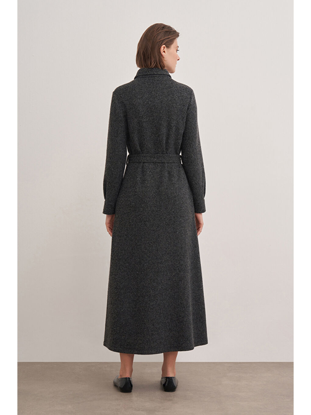 Antrasit Triko Belden Kuşaklı Elbise-5