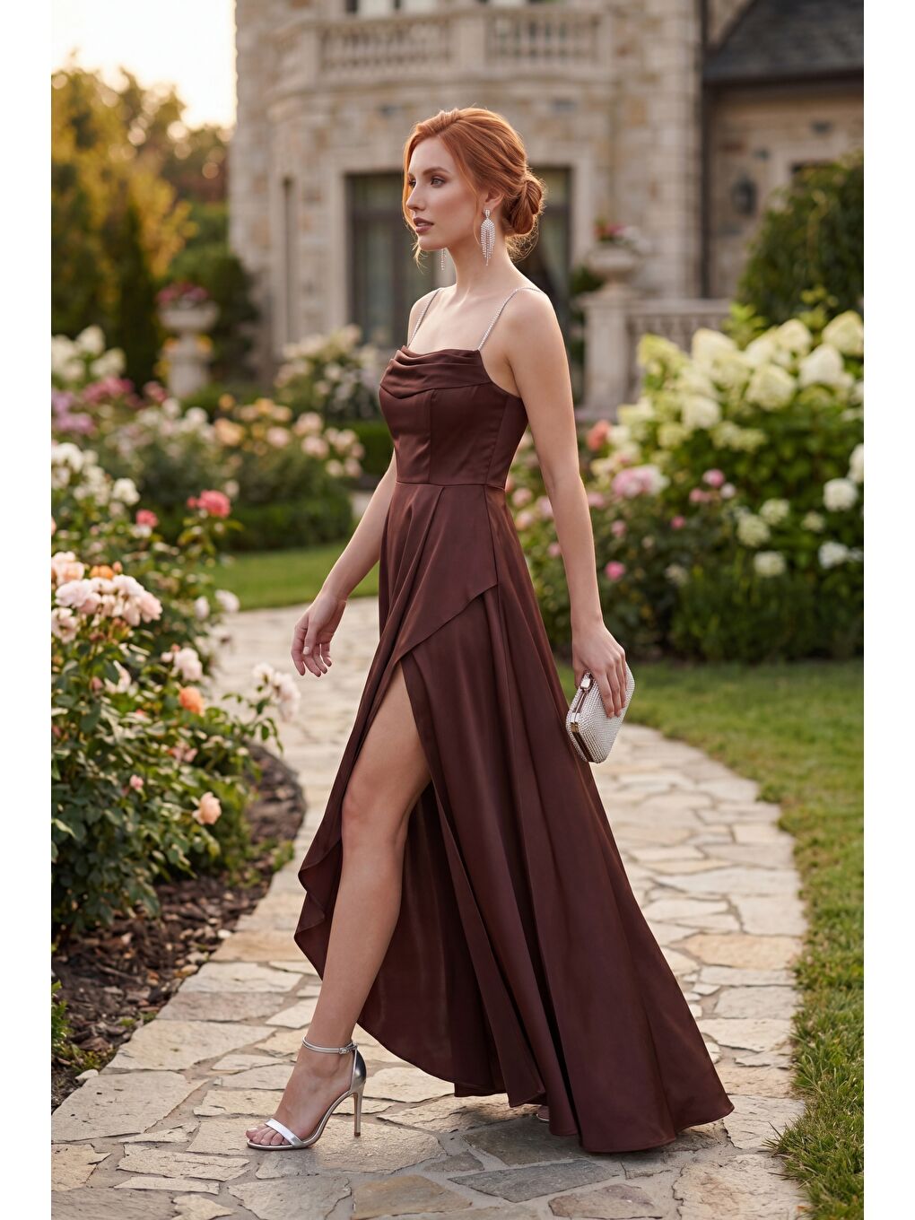 Kadın Kahverengi Taş Askılı Yaka Detay Uzun Saten Mezuniyet & Abiye Elbise-4