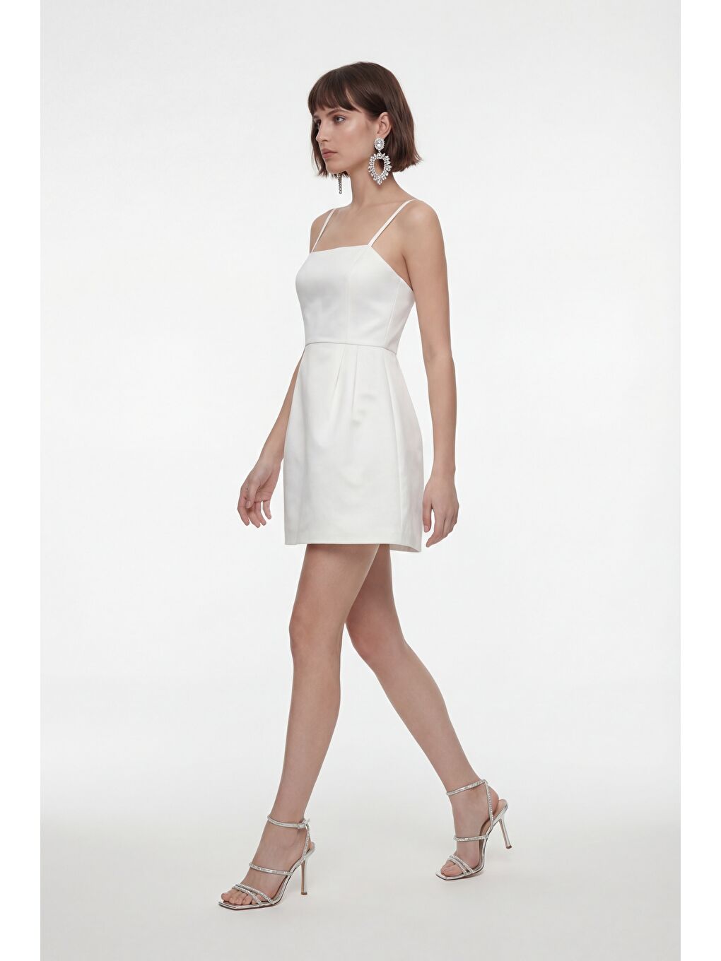Kadın Ekru İnce Askılı Mini Saten Mezuniyet Abiye Elbise-1