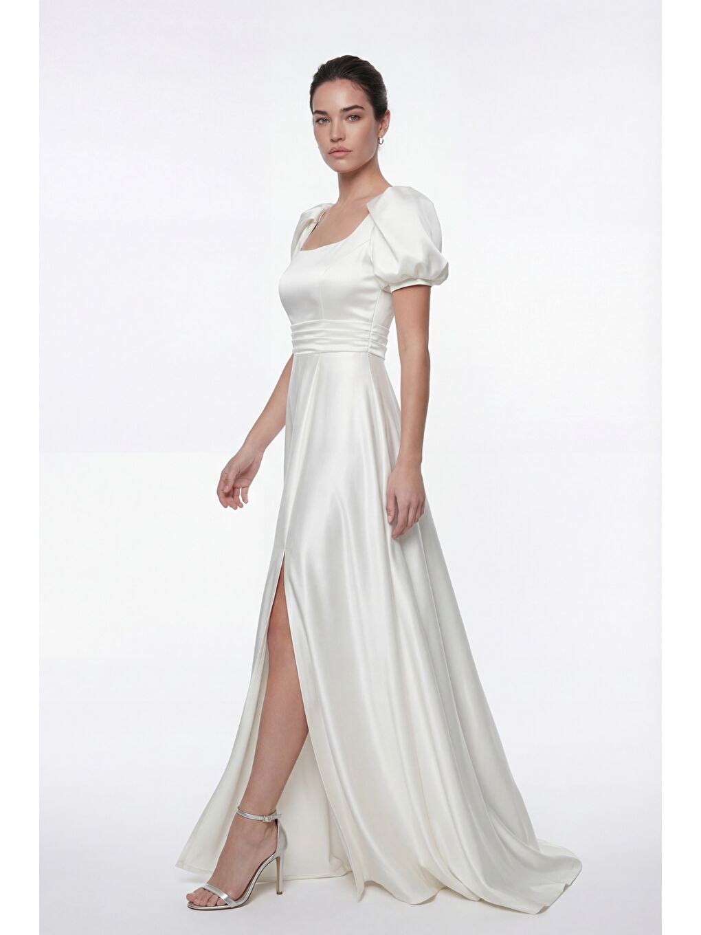 Kadın Ekru Kare Yaka Balon Kol Yırtmaçlı Söz Nişan Nikah Abiye Elbise-2