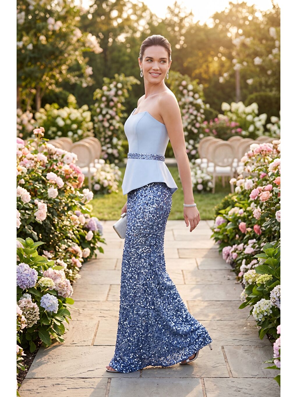 Kadın Bebe Mavi Dar Kalıp Straplez Yaka Pul Payet Uzun Abiye Elbise-4