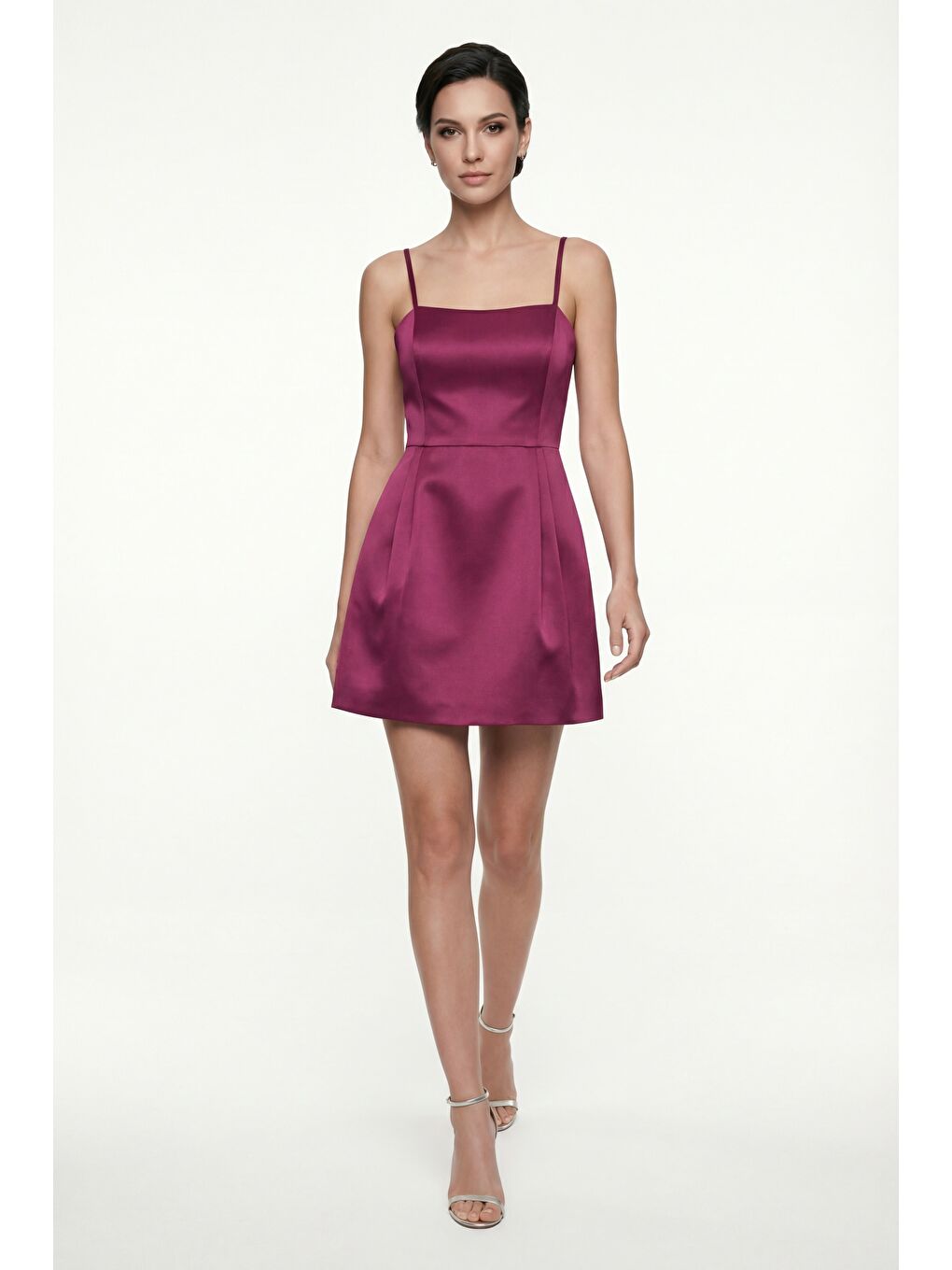 Kadın Bordo İnce Askılı Mini Saten Mezuniyet Abiye Elbise