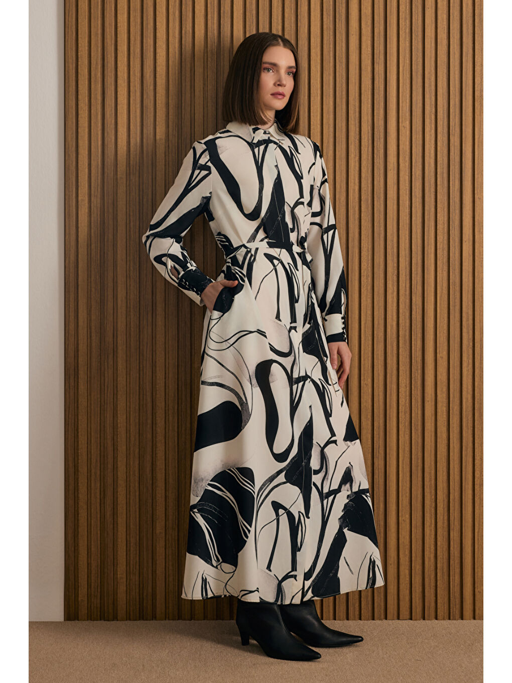 Ekru Desenli Gömlek Elbise-1