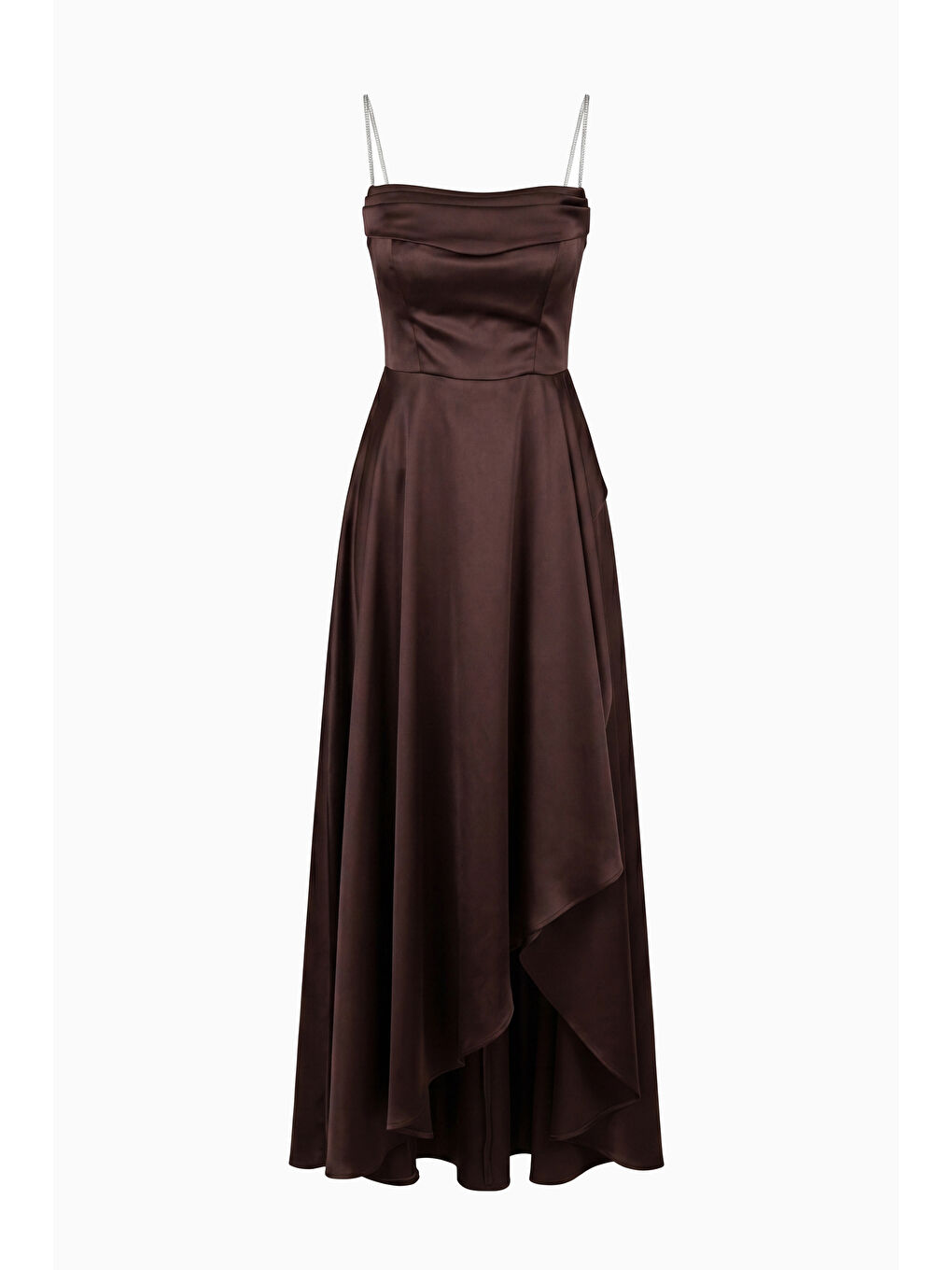 Kadın Kahverengi Taş Askılı Yaka Detay Uzun Saten Mezuniyet & Abiye Elbise-6