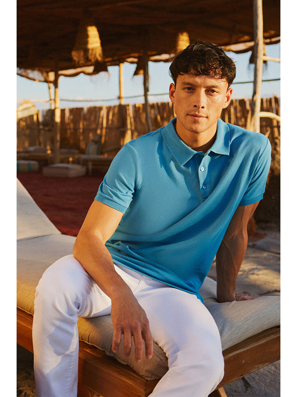 Erkek Turkuaz Dar Kesim Polo Yaka %100 Pamuk Kısa Kollu Tişört-5