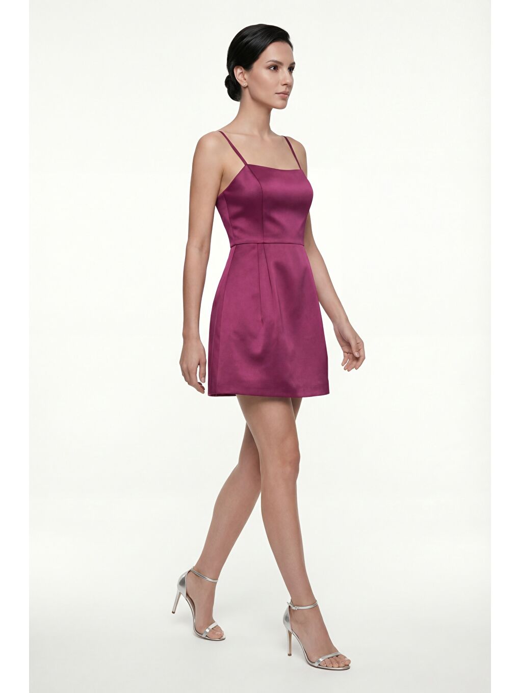 Kadın Bordo İnce Askılı Mini Saten Mezuniyet Abiye Elbise-1
