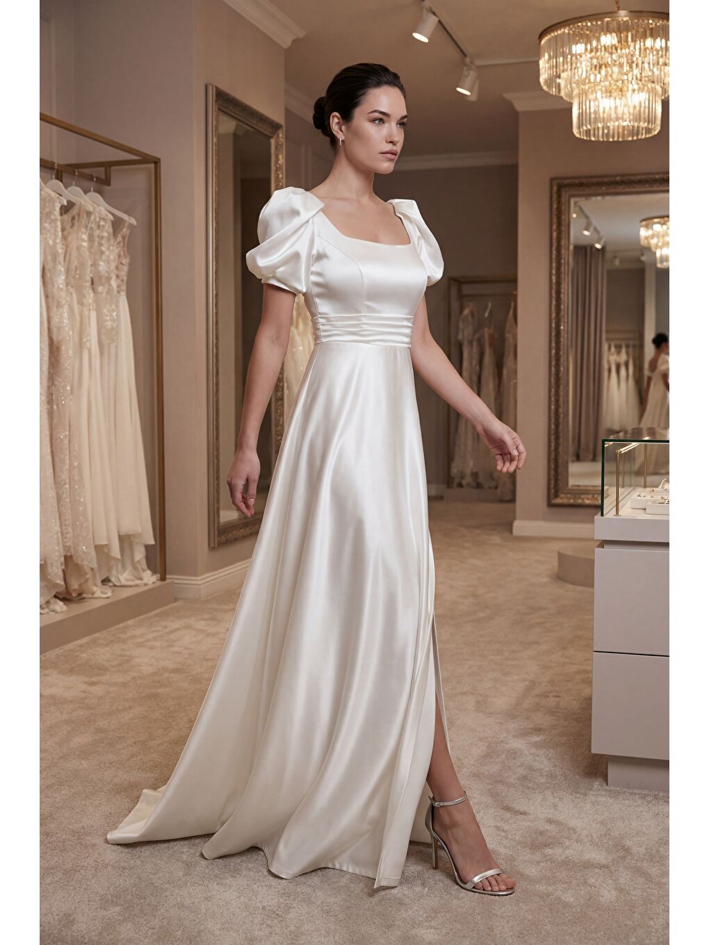 Kadın Ekru Kare Yaka Balon Kol Yırtmaçlı Söz Nişan Nikah Abiye Elbise-5