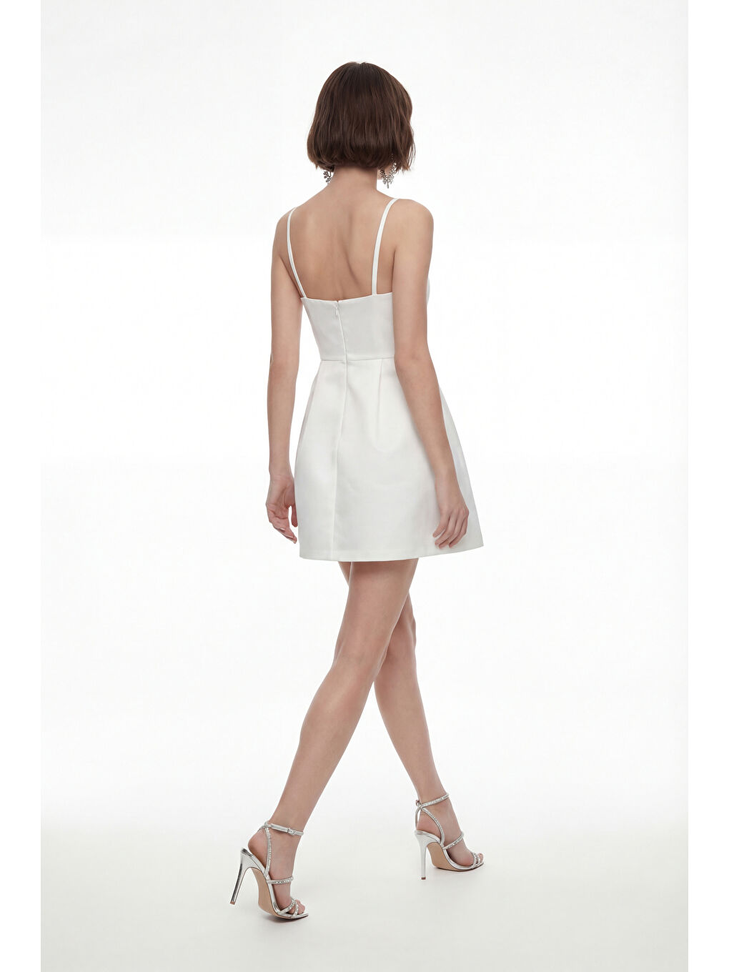 Kadın Ekru İnce Askılı Mini Saten Mezuniyet Abiye Elbise-3