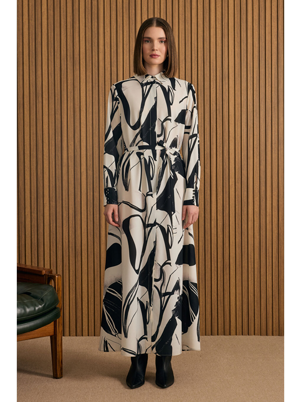 Ekru Desenli Gömlek Elbise-2