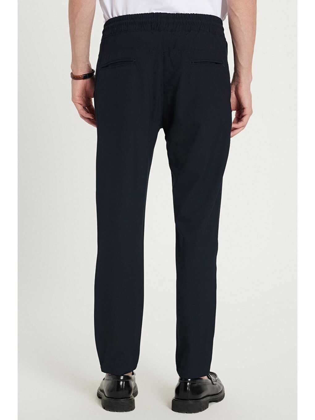 Erkek Slim Fit Dar Kesim Pamuklu Lastikli Beli Bağcıklı Lacivert Pantolon-4