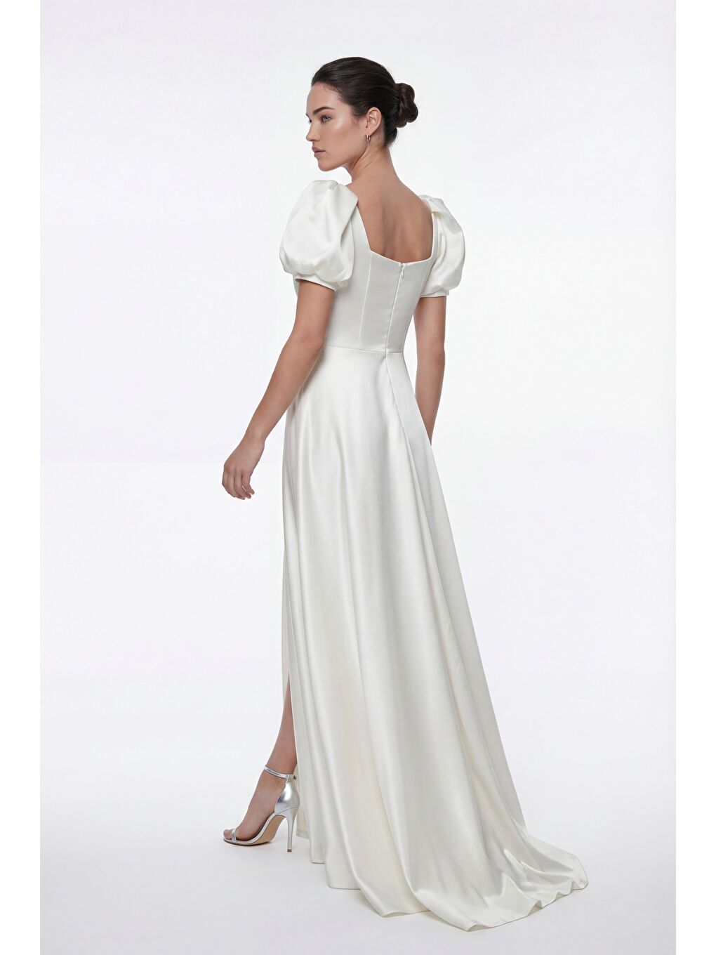 Kadın Ekru Kare Yaka Balon Kol Yırtmaçlı Söz Nişan Nikah Abiye Elbise-6